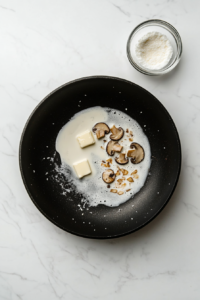 Top-down view of heavy cream gently simmering with golden sautéed mushrooms, garlic, and butter in a black skillet placed on a white marble countertop. The mixture is starting to thicken and bubble slightly, indicating the creation of a luxurious cream-based sauce for the pasta. The colors are warm and appetizing.