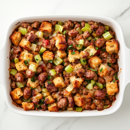 A freshly baked homemade sausage and bread stuffing in a casserole dish with a golden-brown, crispy top. The stuffing is filled with flavorful browned sausage, tender sautéed vegetables, and perfectly seasoned bread cubes, making it a delicious and comforting side dish for any holiday or family meal.