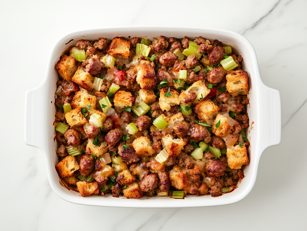 A freshly baked homemade sausage and bread stuffing in a casserole dish with a golden-brown, crispy top. The stuffing is filled with flavorful browned sausage, tender sautéed vegetables, and perfectly seasoned bread cubes, making it a delicious and comforting side dish for any holiday or family meal.