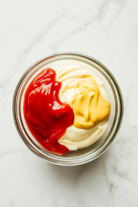 This image captures ketchup and yellow mustard being added into the glass bowl already containing mayonnaise. The vibrant red of ketchup and the bright yellow mustard contrast with the creamy base, creating a colorful mixture. Measuring spoons and bottles of both condiments rest nearby on the clean white marble counter, making this step visually appealing.