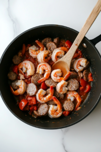 Large raw shrimp are added to the simmering tomato sauce inside a black pot over a white marble countertop. The shrimp are turning from translucent gray to pink, indicating they are cooking perfectly. The dish is rich in flavors, with chunks of sausage and softened vegetables visible in the sauce.