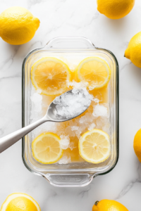 A freezer-safe clear glass container is shown on a white marble countertop, filled with the lemon sorbet base. The liquid appears slightly frothy and is ready to be frozen for several hours. The scene is minimalistic, drawing attention to the pale yellow mixture that will soon transform into a refreshing frozen treat.