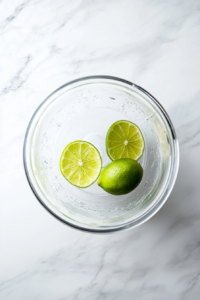 Freshly cut lime wedges are added to a transparent glass blender sitting on a clean white marble countertop. The bright green color of the limes contrasts beautifully with the glass. This step begins the blending process that transforms these natural citrus pieces into a refreshing, tangy base for the Brazilian lemonade recipe.