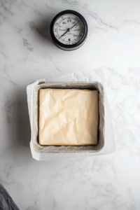This top-down photo displays a parchment-lined 8-inch square baking tin placed on a white marble surface, as the oven is being preheated to 325°F (160°C). The preparation scene is clean and organized, emphasizing the importance of properly lining the tin before baking. The setup prepares the base for even cooking and easy removal later.