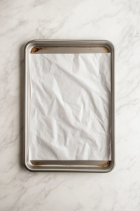 A clean baking tray is being lined with parchment paper on a white marble countertop in preparation for no-bake chocolate oatmeal cookies. The tray is empty, and the setup is minimal. This step ensures the cookies will not stick and can cool properly once spooned onto the surface for setting.