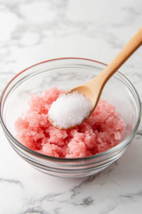 A clear glass mixing bowl over the white marble cooktop, filled with mashed fresh strawberries and white sugar being stirred together with a wooden spoon until dissolved.