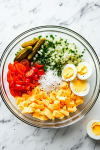All the flavor-building ingredients—mayonnaise, sweet pickle relish, yellow mustard, sugar, lemon juice, salt, pepper, and optional hot sauce—are gathered in a clear glass bowl on a white marble countertop. Each component adds a unique note to the creamy dressing, balancing sweetness, tanginess, and heat in every delicious bite of the egg salad.