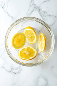 A top-down view of a clear glass mixing bowl on a white marble countertop. The cooled lemon syrup from the saucepan has been poured in, and fresh lemon juice along with carbonated mineral water is being stirred in. The ingredients are blending to create a zesty, bubbly base mixture for the lemon sorbet.