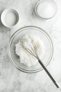 Top-down view of white sugar and melted butter being whisked together in a clear glass mixing bowl placed on a white marble countertop. A metal whisk is actively blending the ingredients into a smooth mixture. A small bowl of sugar and a measuring cup with remaining butter are nearby, capturing the early mixing stage with clean and consistent visuals.