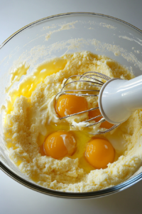 Top-down image of a large clear glass mixing bowl on a white marble countertop, holding yellow cake mix, two cracked eggs, and melted unsalted butter being mixed with a white hand mixer. Measuring cups and the cake mix box are placed neatly beside the bowl, highlighting the crust preparation process for the dessert.
