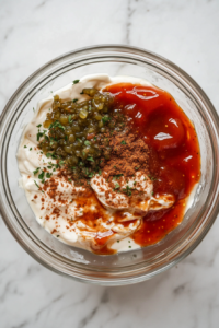 A small amount of Worcestershire sauce is poured into a glass mixing bowl that already contains mayonnaise, ketchup, relish, mustard, steak seasoning, and paprika. This top-down shot showcases the dark brown liquid as it blends into the creamy base, enhancing the sauce's umami flavor. The setup remains simple on a clean marble surface.