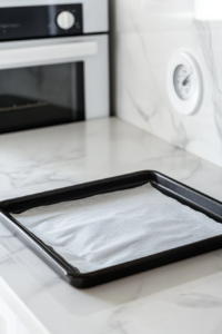 A white oven dial is set to 200°C (400°F), indicating the preheating process. A black baking tray lined with parchment paper rests on a white marble countertop, ready for the sausage rolls. The scene is simple and clean, focusing on the essential preparation step before baking. The parchment paper ensures that the rolls will not stick and will bake evenly.