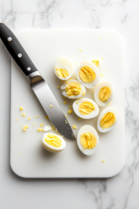 Eight peeled hard-boiled eggs are chopped into small chunks on a white cutting board with a stainless steel knife resting beside them. Placed on a white marble countertop, the scene shows the transformation of the eggs into the main base for the egg salad recipe, ready to be mixed with creamy ingredients.