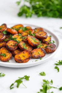 A Side view of perfectly roasted carrots served on a white ceramic plate. The carrots are golden brown and caramelized around the edges, showcasing their natural sweetness and roasted texture. Garnished with freshly chopped parsley, they rest on a clean white marble countertop, presenting a warm and rustic dish ideal for healthy meals.