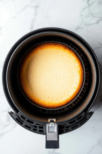 Top-down view of a person placing the cake pan filled with assembled cheesecake into a preheated air fryer at 320°F. The air fryer is on a white marble countertop and is ready for baking. This stage is crucial to gently cook the cheesecake to a firm but slightly jiggly consistency without cracks.
