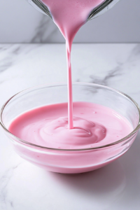 Whole milk, heavy cream, vanilla extract, and salt being poured into the glass bowl with the mashed strawberry mixture over the white marble cooktop, creating a smooth pink base.