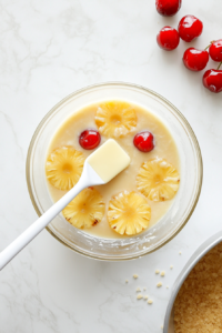 Brown sugar and melted butter are being stirred in a glass bowl to create a rich caramel mixture. The caramel is poured into a greased cake pan where five pineapple rings are neatly arranged with bright red cherries placed in their centers. The white marble countertop adds a clean and elegant backdrop to this setup step.