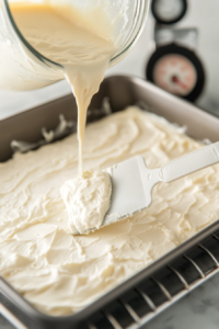 A top-down view of the cream cheese mixture being poured over the prepared cake mix crust inside a greased silver baking pan. A white spatula is being used to spread the mixture evenly. All equipment and ingredients like the glass bowl, egg shells, and used measuring cup are arranged on the white marble countertop.