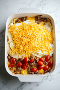 Top-down image of the creamy egg mixture being poured from a glass bowl into the baking dish filled with tortilla, sausage, hashbrowns, and cheese layers. The ingredients begin soaking in the mixture. The dish rests on a white marble countertop, capturing the final stage before baking this hearty breakfast casserole.