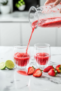 The thick and icy strawberry vodka slush is being carefully poured into pre-chilled glasses. The vibrant red color and slushy consistency make it look incredibly refreshing, perfect for cooling down on a hot day.