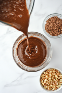 A thick, creamy chocolate smoothie is being poured from a glass blender into a clear serving jar on a white marble countertop. The smoothie is rich and smooth, and garnishing ingredients like cocoa nibs and crushed peanuts are arranged nearby. The clean setting highlights the final step of serving this delicious, wholesome drink.