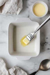 Top-down view of a white 8x8-inch ceramic baking dish being greased with melted unsalted butter using a silver brush. The butter is in a small white bowl on a white marble countertop. The scene indicates preparation to bake bread pudding with a focus on cleanliness and minimalism in the cooking environment.