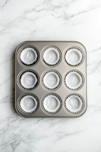 A white marble countertop holds a silver 12-cup muffin pan neatly lined with white paper liners. The oven in the background is set to 350°F, indicating preheating. This step ensures the pan is ready for the batter. The scene is minimal and focuses on clean preparation before baking the muffins.
