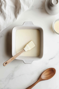 A person preheating the oven to 350°F while lightly greasing a baking dish with butter or cooking spray. This step ensures the stuffing bakes evenly and does not stick to the dish, helping to create a deliciously crispy and flavorful texture.