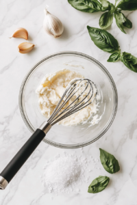 A clear glass bowl sits on a white marble countertop, containing 1 cup mayonnaise, 1 1/2 teaspoons of minced garlic, and 1/2 teaspoon of coarse salt. A stainless steel whisk with a black handle is mixing the ingredients into a smooth garlic spread. The ingredients are distinctly visible and easily identifiable. The scene remains uncluttered, providing a clean view of the preparation process essential for building rich flavor in the sandwich.