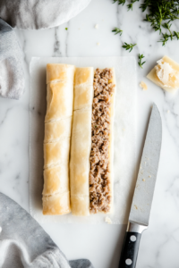 Puff pastry sheets are neatly laid out on a white marble countertop, with a strip of pork filling evenly placed along the edge of each piece. A sharp knife rests beside the pastry, ready for slicing. The ingredients are fresh, and the scene captures the delicate step of assembling the sausage rolls before rolling them up.
