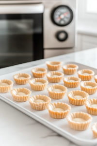 A baking sheet with 18 ready-to-bake 3-inch mini pie shells is neatly arranged on a white marble countertop. This step prepares the base for the delicious pecan pie filling. The clean layout ensures even baking and easy handling during the filling and baking stages. The shells are ready to be filled and baked.