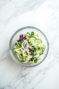 The final cabbage cucumber salad, now fully marinated, sits in a glass mixing bowl ready to be served or refrigerated for later. The white marble countertop adds a fresh, clean backdrop. The salad appears even more vibrant after absorbing the dressing, making it look not only healthy and crunchy but also more flavorful with time.