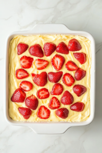 The prepared strawberry cream cheese angel food cake dessert is placed in the refrigerator to chill for at least two hours. This step helps the flavors blend together, resulting in a refreshing and perfectly set dessert.