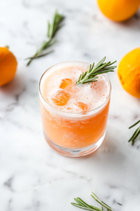 A beautifully presented rosemary Campari sour cocktail is served in a transparent glass with a generous layer of white froth and a fresh rosemary sprig garnish. The drink rests on a clean white marble countertop, showcasing its vibrant orange-pink hue. The scene is simple and elegant, capturing the refreshing and aromatic appeal of the cocktail, ready to be enjoyed.