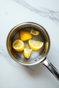 A stainless steel saucepan is shown from a top-down angle, placed on a clean white marble countertop. Inside, water, granulated sugar, and finely diced lemon peel are being simmered until the sugar dissolves completely. The mix is starting to infuse with lemon flavor, creating the sweet and citrusy base for the lemon sorbet.