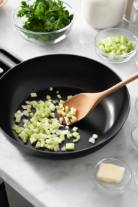 A skillet with finely diced celery and chopped onion being sautéed in melted butter until soft and fragrant. The vegetables absorb the butter’s richness, adding depth of flavor to the stuffing while creating a tender texture.