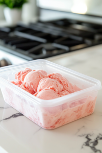 The sealed container of strawberry ice cream placed over the white marble cooktop, ready to go into the freezer for 4–6 hours until firm.