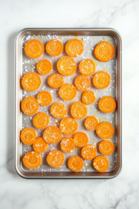 A top-down view of seasoned carrots spread out in a single layer on a silver baking sheet. The carrots are glistening with olive oil and spices, ensuring a flavorful roast. The scene is set over a white marble countertop and highlights the importance of spacing the carrots for even browning and caramelization.
