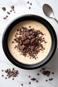 This image captures semisweet chocolate chips and broken pieces of German sweet chocolate layered over white chocolate inside a black crock pot. All three types of chocolate are clearly visible from the top view. The contrasting textures and colors signal the beginning of a luscious, deeply flavored chocolate blend ready to melt evenly.