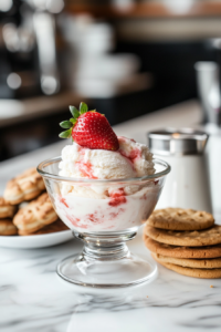 A scoop of homemade strawberry ice cream served in a small glass bowl over the white marble cooktop, topped with a fresh strawberry and a side of cookies.