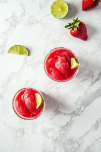 The beautifully garnished strawberry vodka slush is served immediately, ready to be enjoyed. The drink’s icy, smooth texture and fruity flavor create the perfect combination for a refreshing and delicious summer cocktail experience.