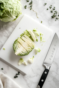 A sharp knife is slicing a fresh green cabbage into thick ¾-inch steaks on a white cutting board placed over a white marble countertop. The thick cuts ensure the cabbage holds together on the grill. This step sets the base for the recipe, helping the cabbage maintain structure during grilling while allowing the inside to soften and absorb flavors.