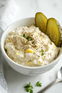 A delicious bowl of Southern-style egg salad is beautifully presented in a white ceramic bowl placed on a white marble countertop. The creamy texture of the egg salad is visible with specks of yellow mustard, relish, and black pepper. The setup is clean, minimal, and perfect for showcasing a comforting and protein-rich dish.