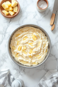 The smooth, creamy batter is poured and spread evenly over the caramel and pineapple base in the round cake pan. The cherries and pineapple rings peek slightly through the edges. The cake pan is placed on a white marble surface, and a spatula rests beside it, ready for leveling and smoothing the batter.