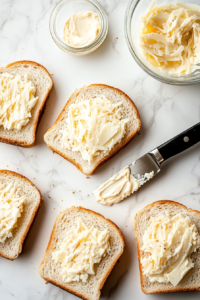 Slices of artisan bread are laid out over a white marble countertop, with cream cheese spread being applied to one side of each slice using a butter knife with a black handle. Clear slices of medium cheddar and provolone are being layered between the bread slices, ready for sandwich assembly. A clear glass bowl containing the cream cheese mixture is nearby. The top-down setup offers a neat, well-lit look at how to build the perfect grilled cheese layers.