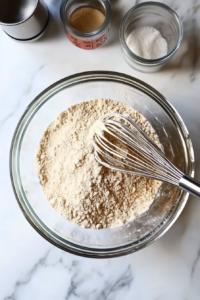 Top-down view of dry ingredients being gradually stirred into the wet batter using a white spatula inside a clear glass mixing bowl on a white marble countertop. The batter shows signs of thickening as flour is incorporated. Measuring spoons and bowls with remaining ingredients are included, offering a clean visual of the careful mixing process to avoid overworking the batter.