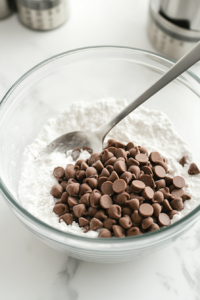 The glass mixing bowl now shows a blend of dry ingredients mixed with semi-sweet chocolate chips. The chocolate chips are scattered throughout the dry mix. A stainless steel spoon rests in the bowl on the white marble surface. This step adds sweetness and texture to the banana oat muffins.