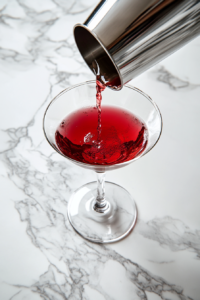 Top-down image of the fourth step in the Mistletoe Martini recipe, where the chilled red cocktail is being strained from a silver shaker into a clear martini glass using a small strainer. The white marble countertop provides a bright and clean background, keeping the viewer’s focus on the drink. This step ensures a smooth, ice-free pour, resulting in a vibrant and visually appealing cocktail. This image captures the elegance of cocktail presentation and is ideal for illustrating quality and professionalism in recipe content.