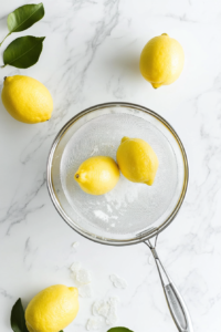A fine mesh strainer is placed over a clear glass mixing bowl, and the lemon sorbet liquid is being carefully strained to remove lemon peel and other solids. This optional step helps achieve a smoother texture in the final frozen dessert. The clean setup on the white marble surface emphasizes clarity and simplicity.