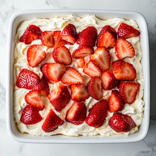 A beautifully layered strawberry cream cheese angel food cake dessert served in a glass dish. The fluffy cream cheese mixture is spread evenly over soft angel food cake pieces, topped with vibrant red strawberry slices. The dessert looks creamy, refreshing, and perfect for a light yet indulgent treat.